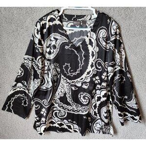 Additions by Chicos Long Sleeve V Neck Blouse Top Satin Black/White Paisley Sz M